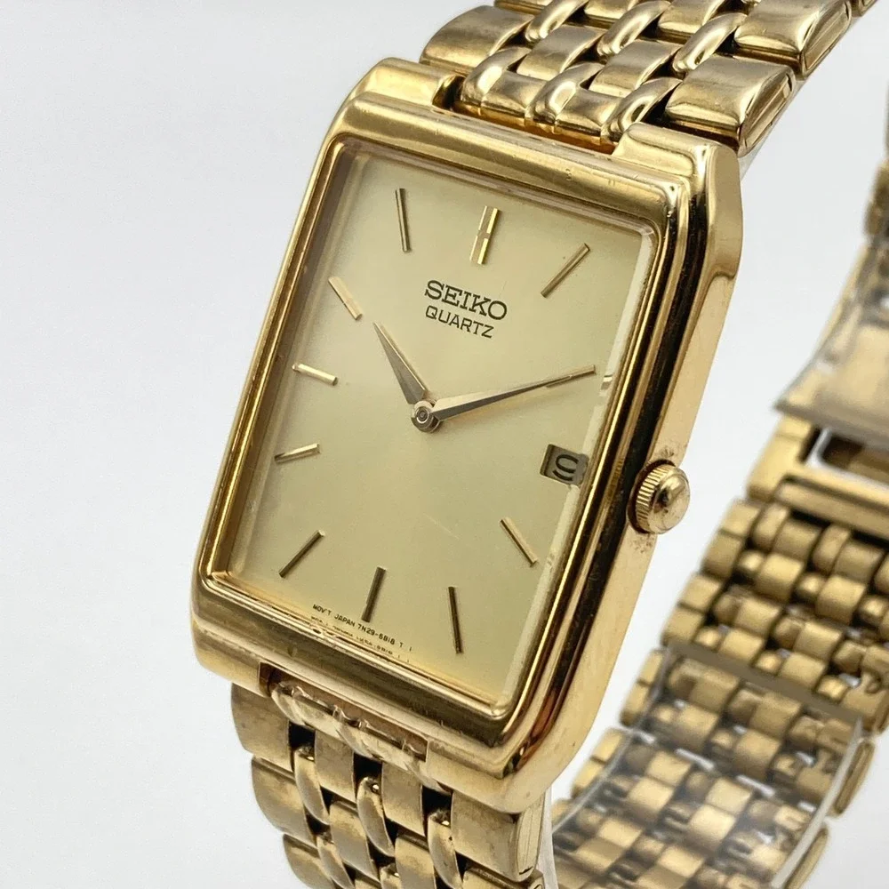 Vintage Seiko Men's Tank Watch 27mm Gold Tone 7N29-5B29 Date New Battery 7.75